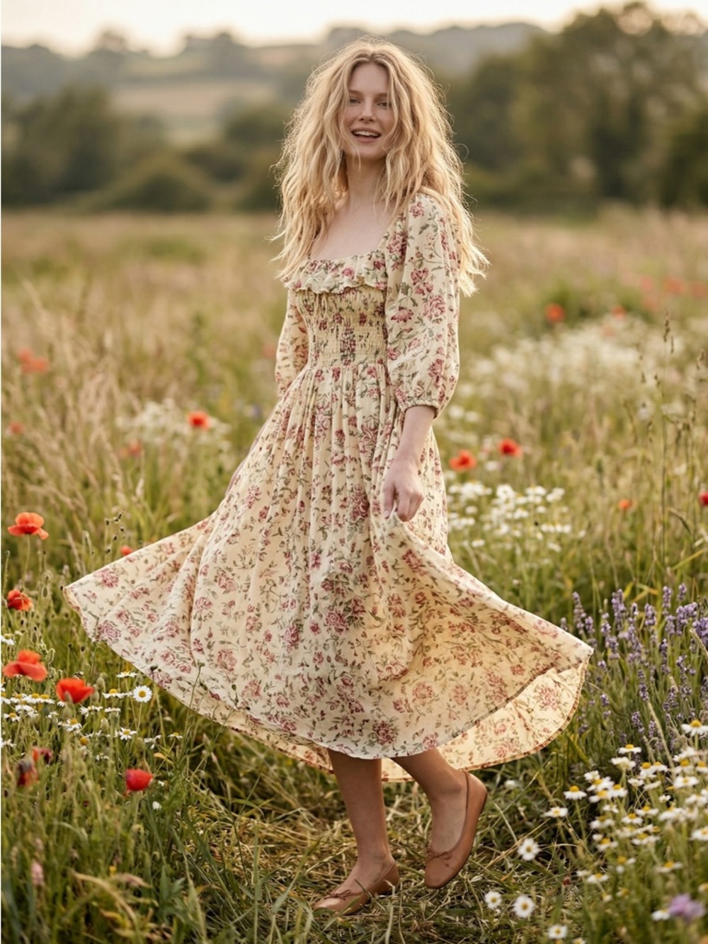 Free People Ethereal Oasis Printed Midi Dress Ivory Bohemian Cottage Size XS
